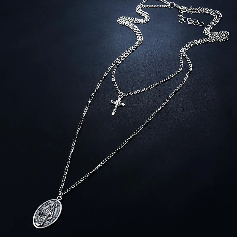 Cross and Mary Pendant on 2-Layer Chain Link Necklace