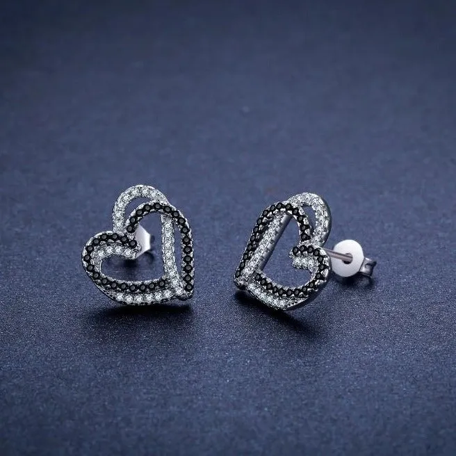 Cubic Zirconia Black and White Hearts 925 Sterling Silver Stud Earrings