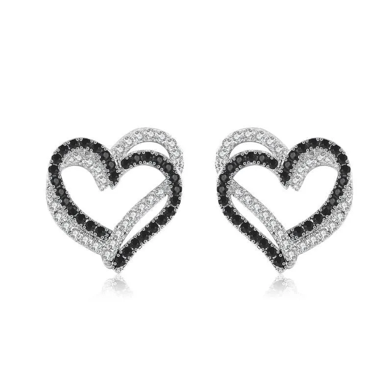 Cubic Zirconia Black and White Hearts 925 Sterling Silver Stud Earrings