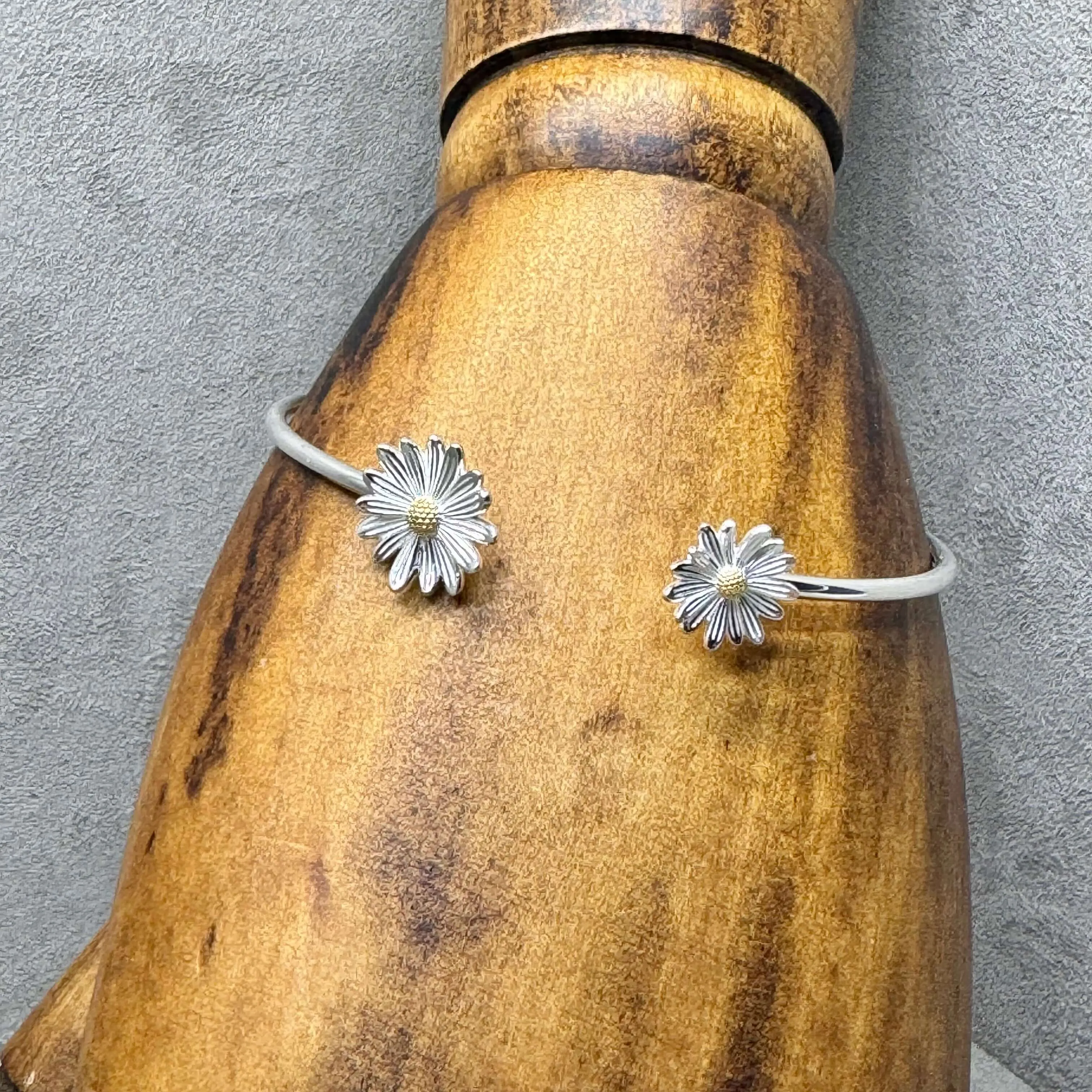 Daisy Two Tone Sterling Silver Flower Cuff Bangle