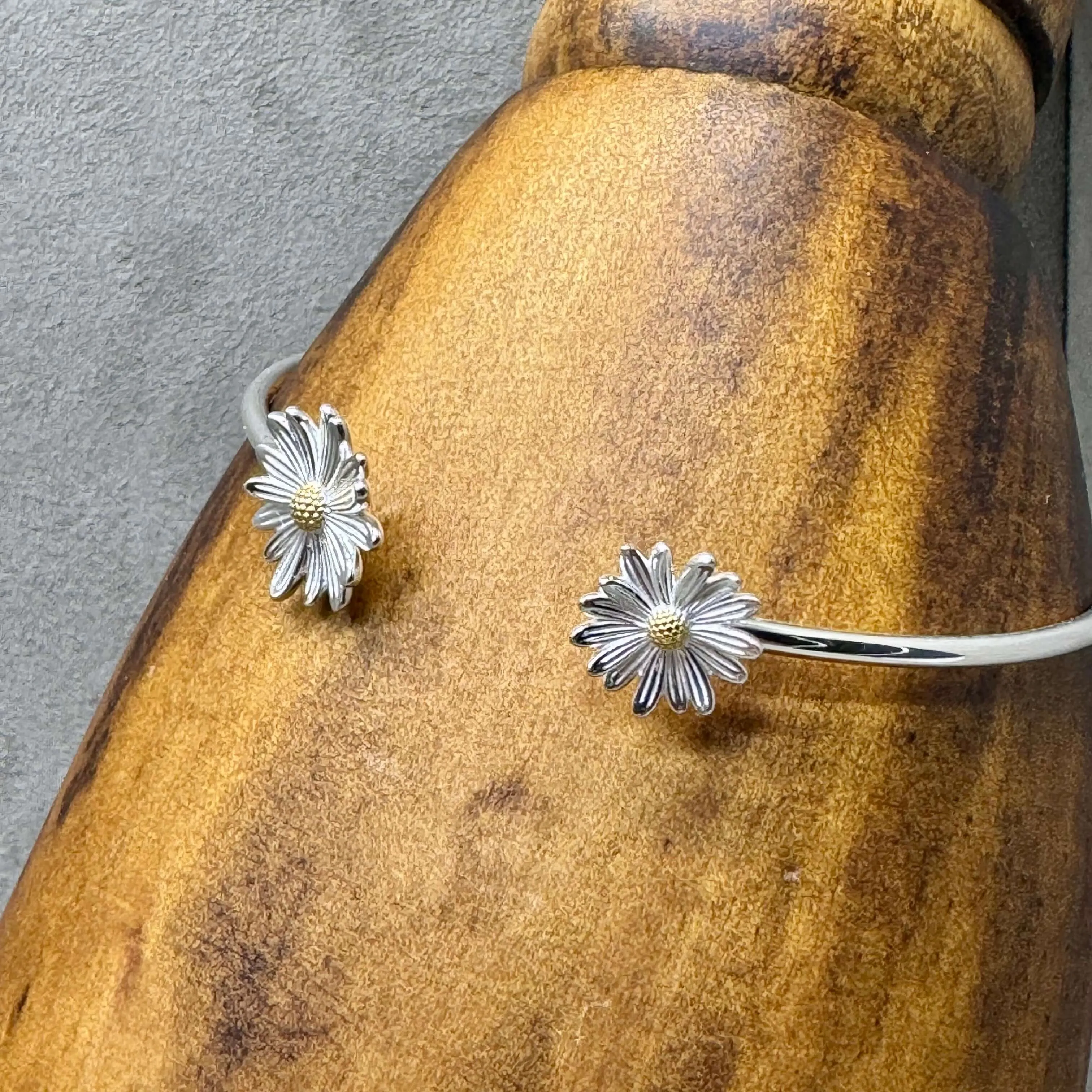 Daisy Two Tone Sterling Silver Flower Cuff Bangle