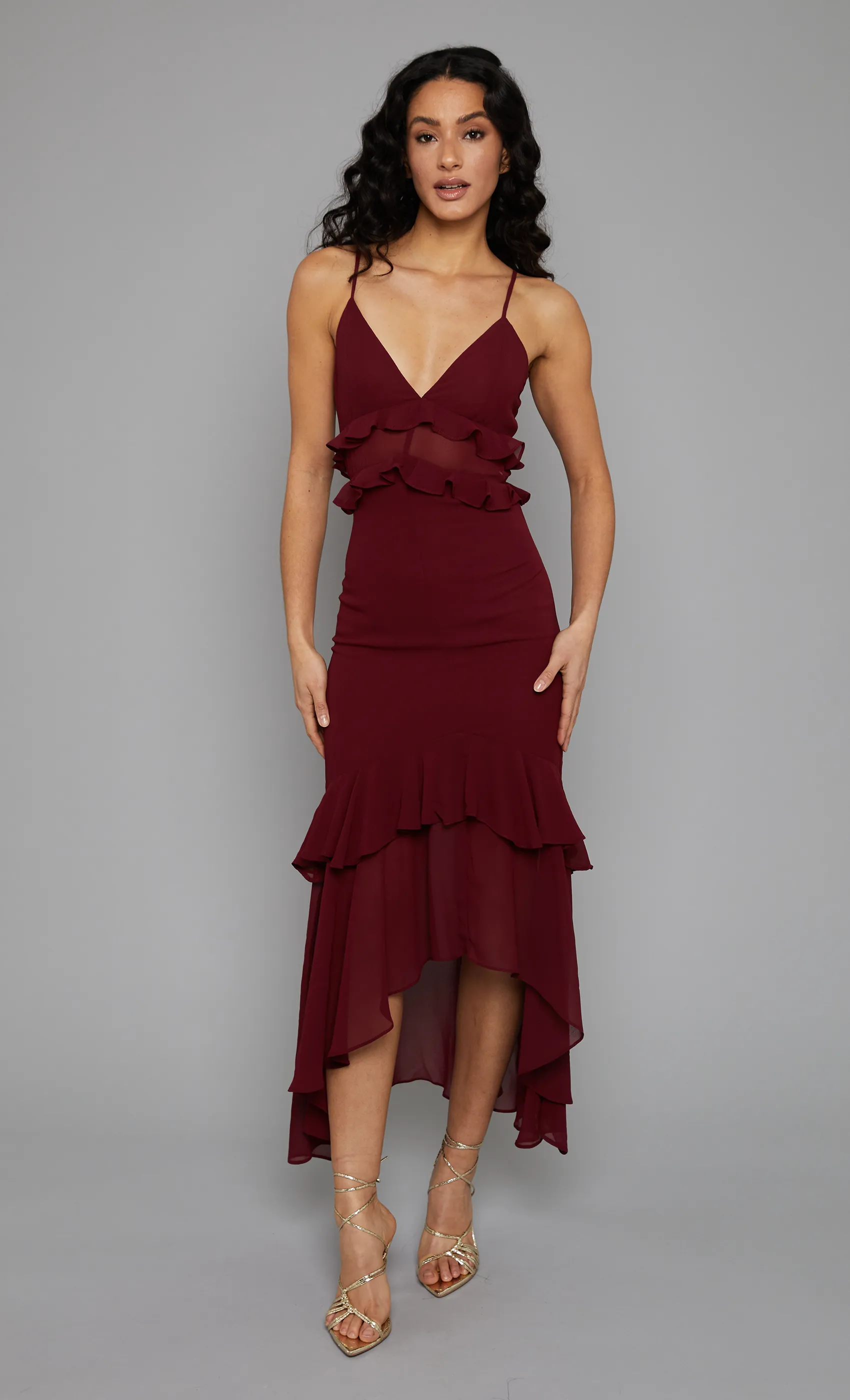 Dark Red Ruffle Detail Chiffon Midaxi Dress