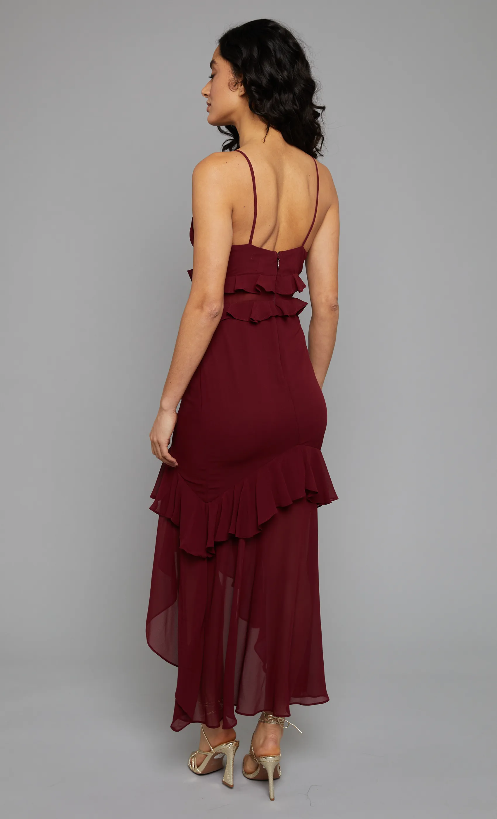 Dark Red Ruffle Detail Chiffon Midaxi Dress