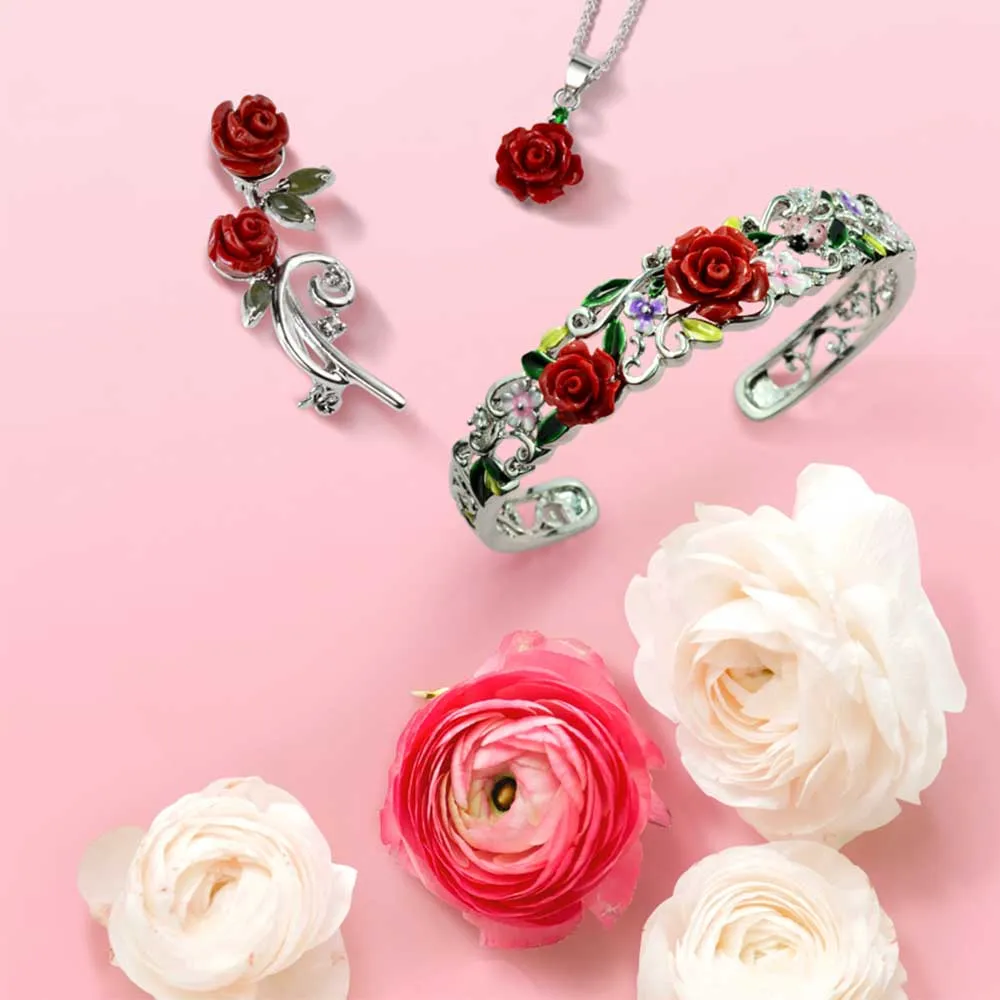 Elegant Brooche Pin Colorful Floral Bouquet with Red Roses and CZ Accents