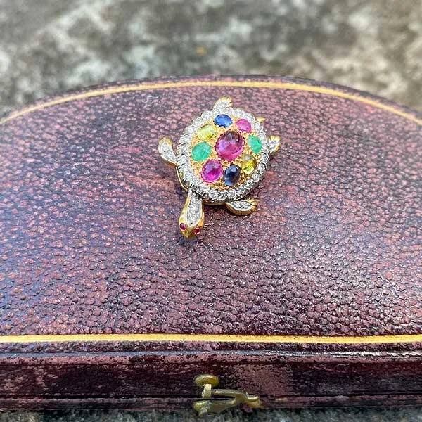 Estate Colored Stone & Diamond Turtle Brooch