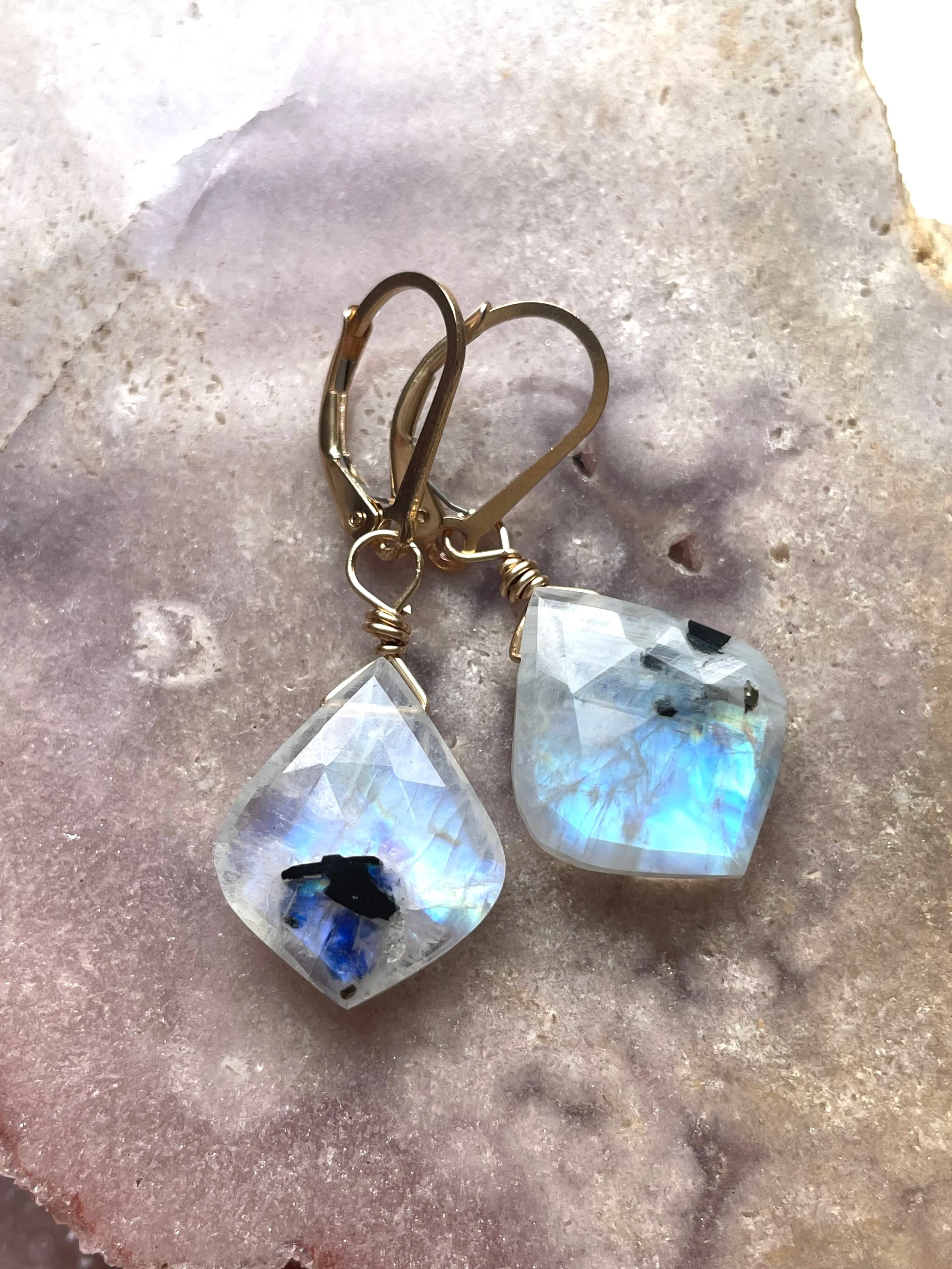 Faceted Rainbow Moonstone Drop Earrings Lever back  in Gold Fill or Sterling Silver