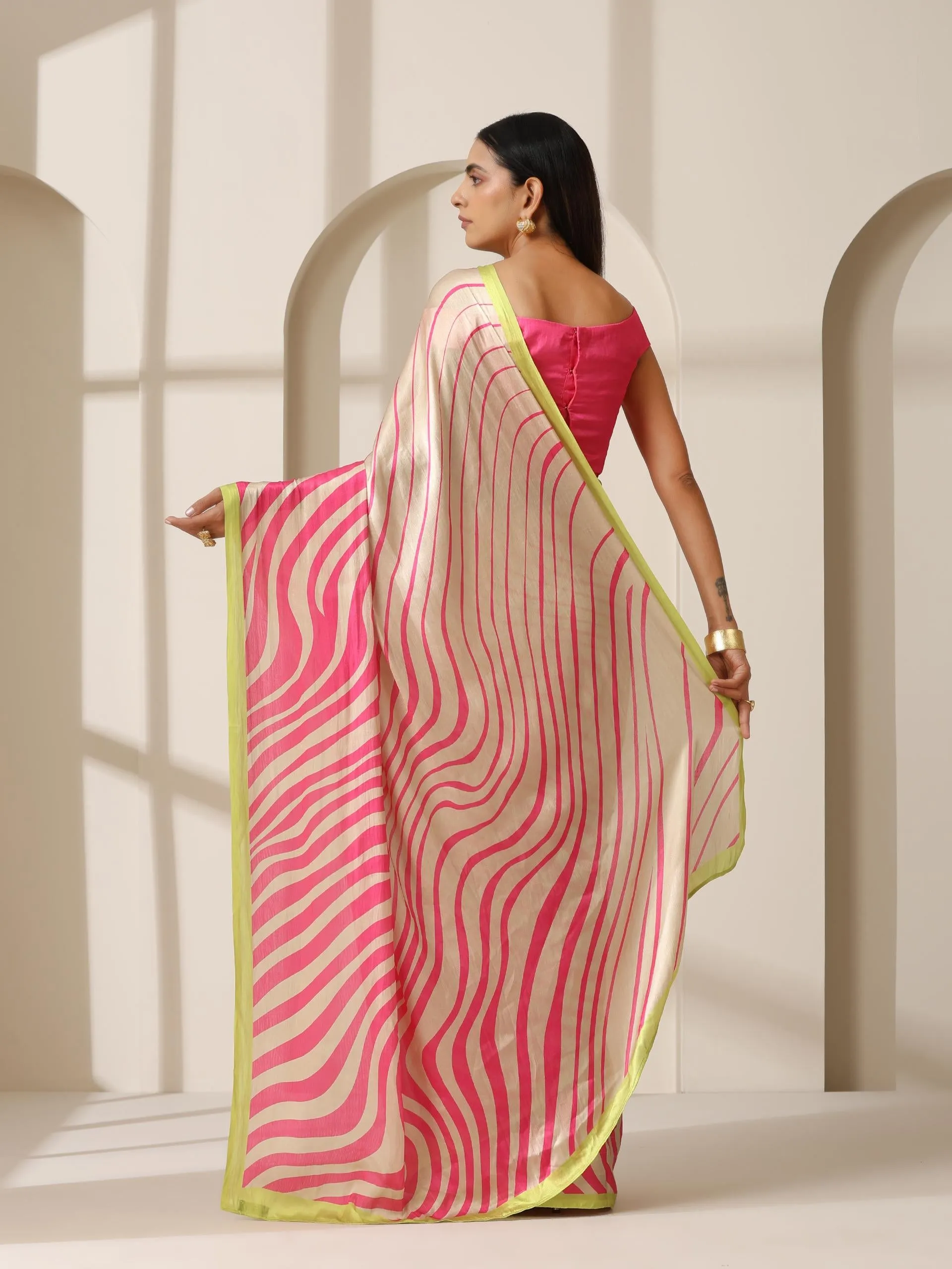 Flirty Fuchsia Waves Satin Print Saree with Neon Border & Blouse Fabric