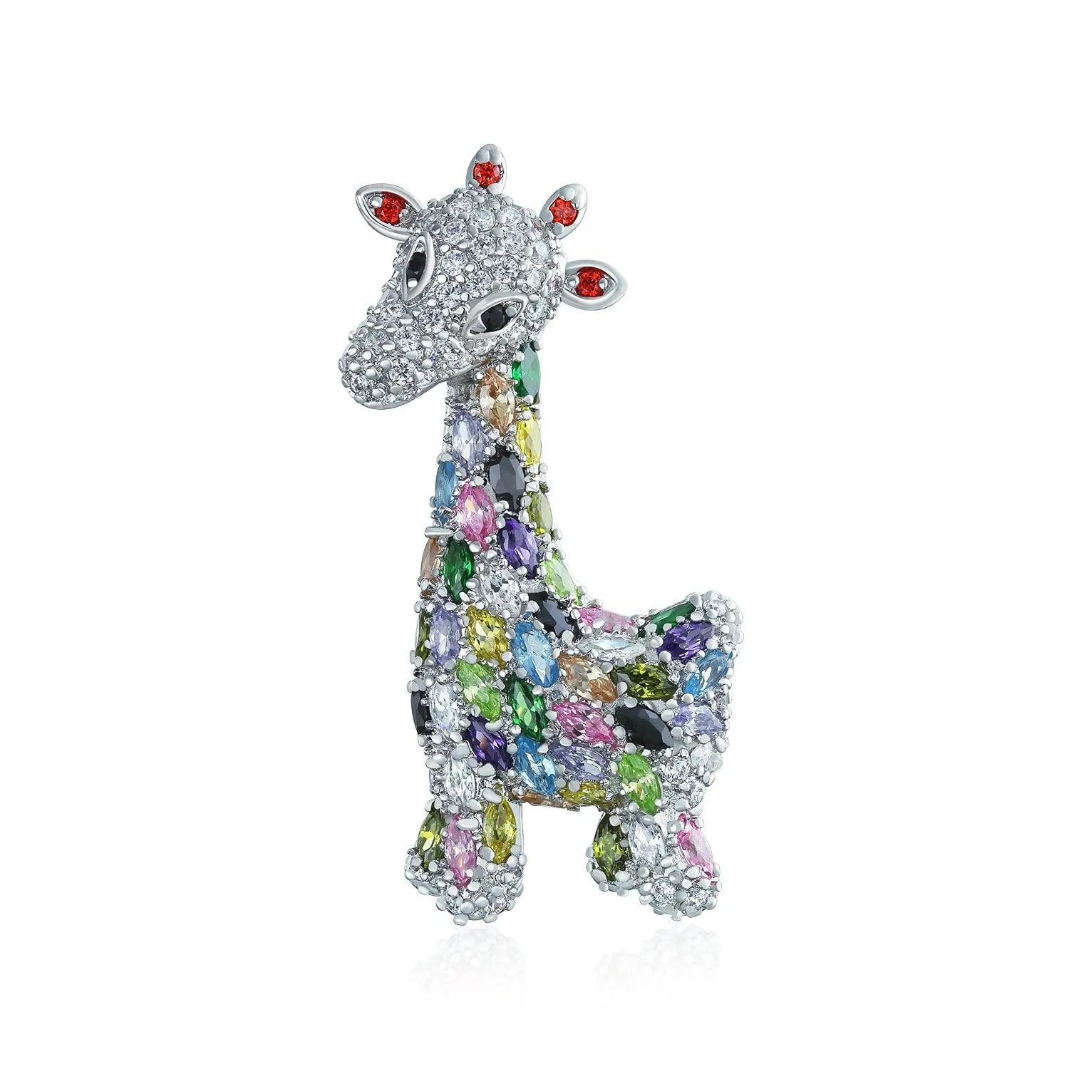 Giraffe Zoo Animal Brooche Pin with Colorful CZ Pave and Silver Tone Finish