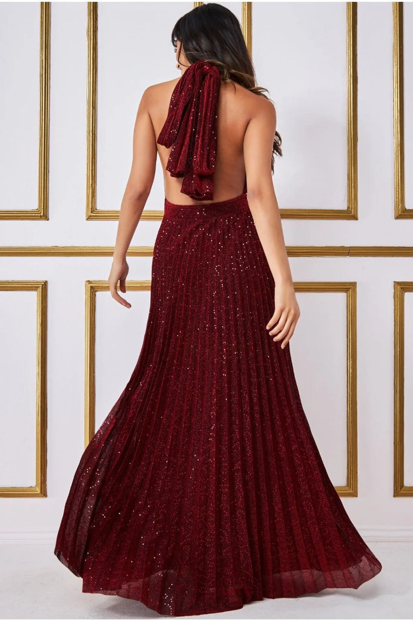 Goddiva Plunge Halterneck Sequin Lurex Maxi - Wine