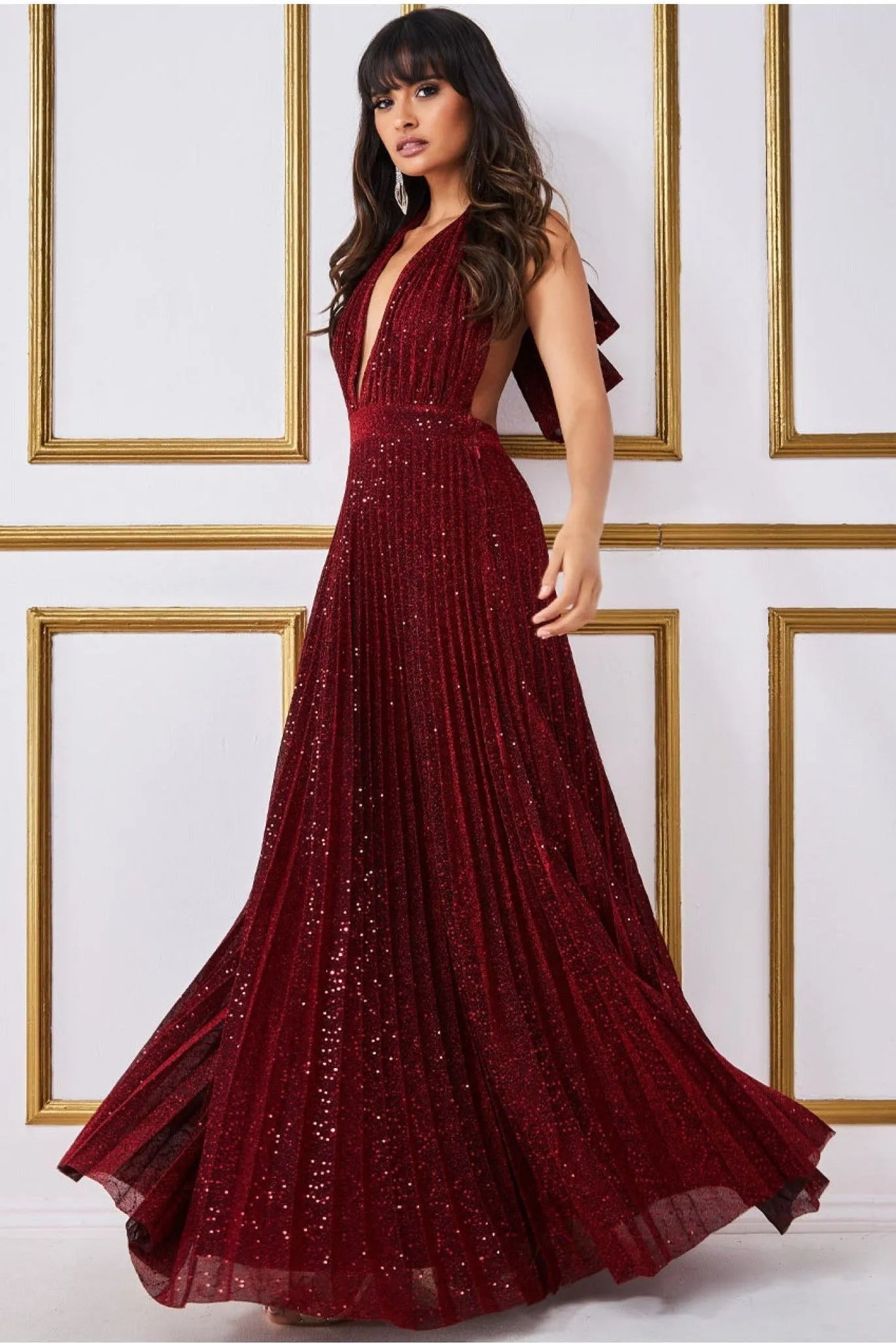 Goddiva Plunge Halterneck Sequin Lurex Maxi - Wine