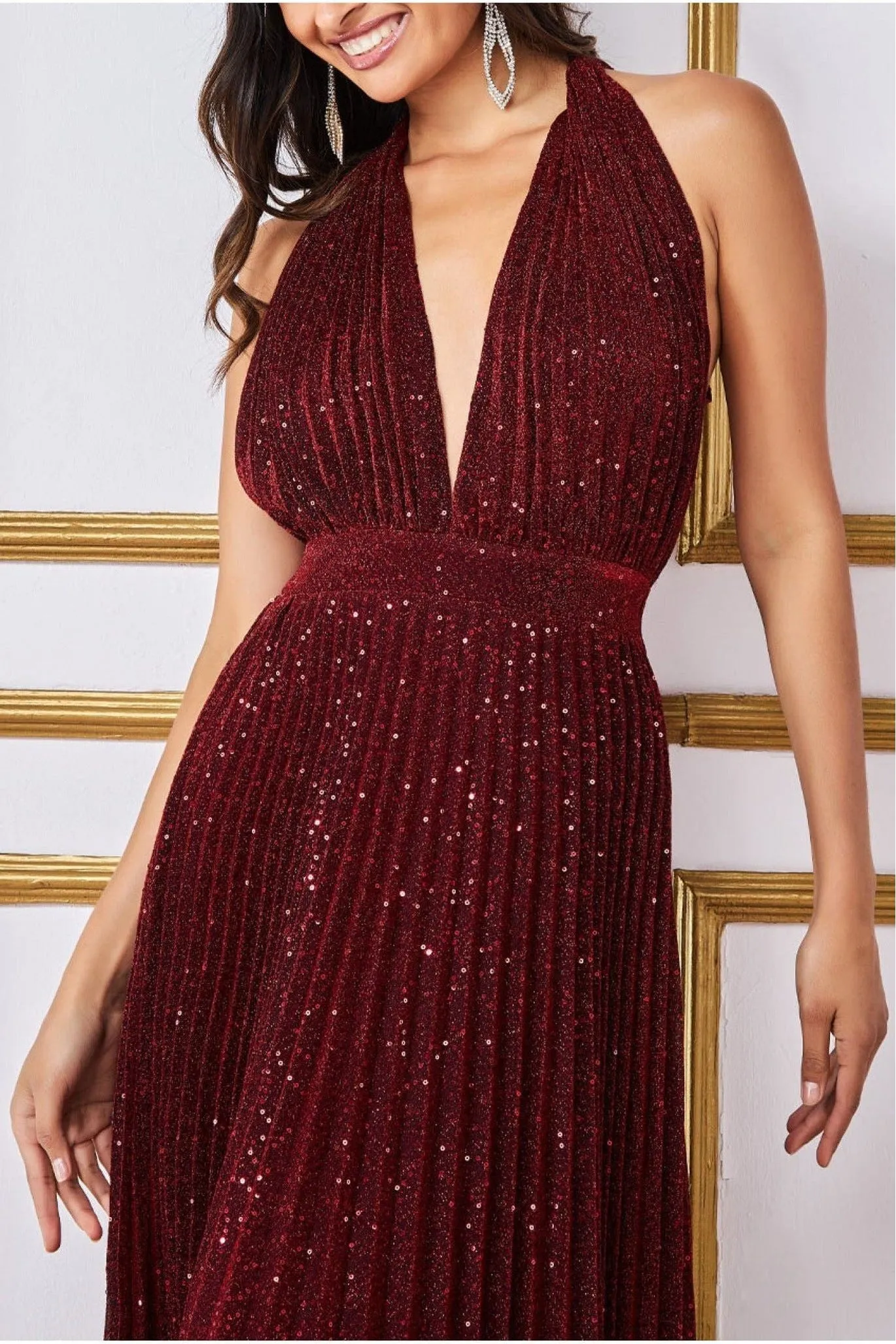 Goddiva Plunge Halterneck Sequin Lurex Maxi - Wine