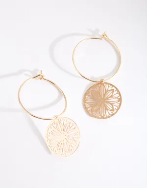 Gold Filigree Disc Hoop Earrings