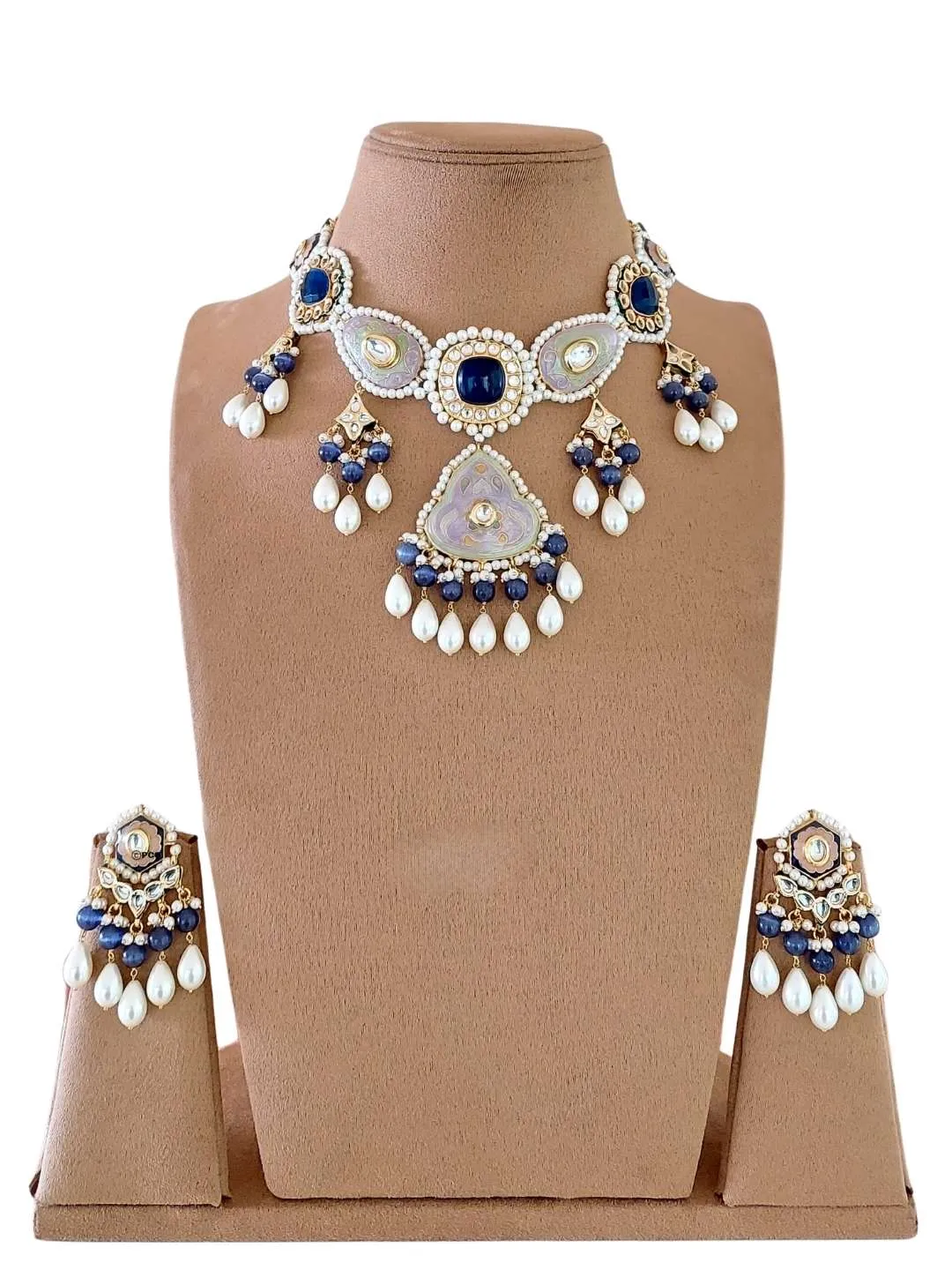 Gold Finish Pearl Necklace Set With Kundan Polki