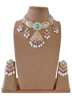 Gold Finish Pearl Necklace Set With Kundan Polki