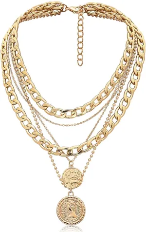 Gold Layered Necklaces With Retro Coin Pendant, Dainty and Chunky Chain Choker Necklaces