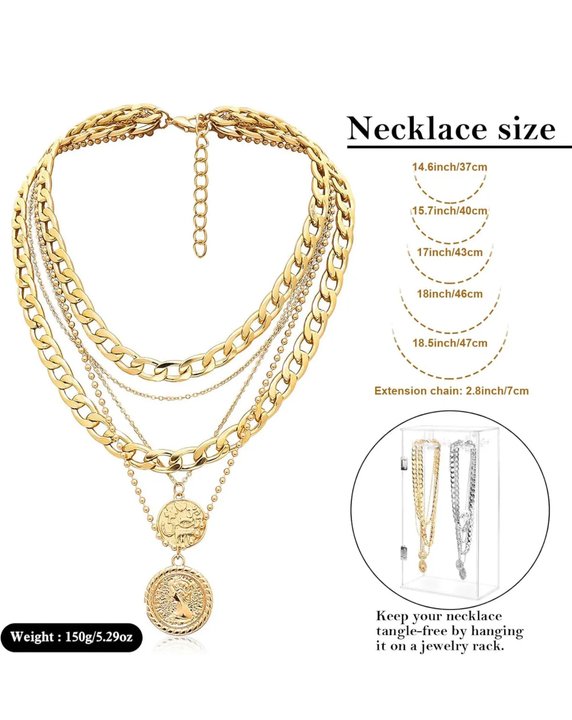 Gold Layered Necklaces With Retro Coin Pendant, Dainty and Chunky Chain Choker Necklaces