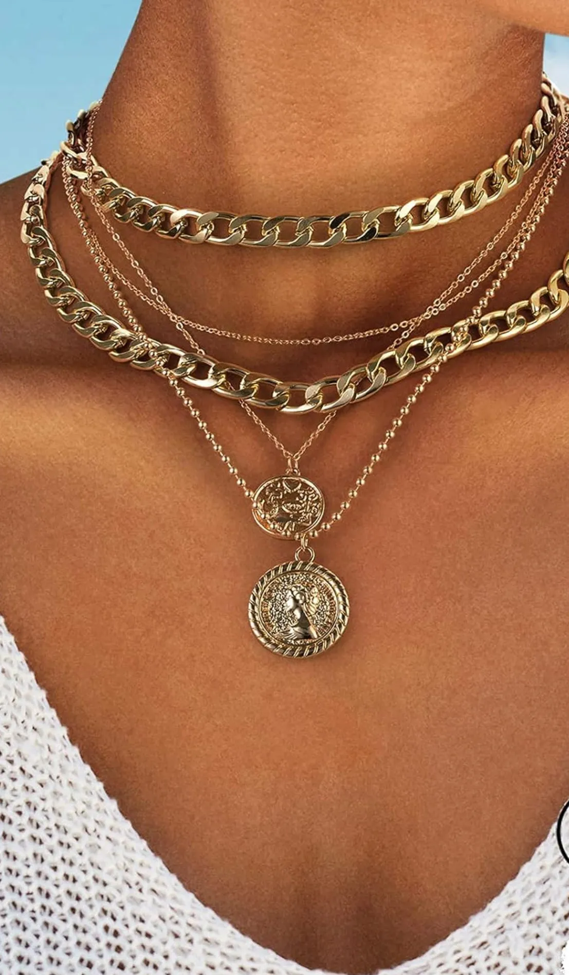 Gold Layered Necklaces With Retro Coin Pendant, Dainty and Chunky Chain Choker Necklaces