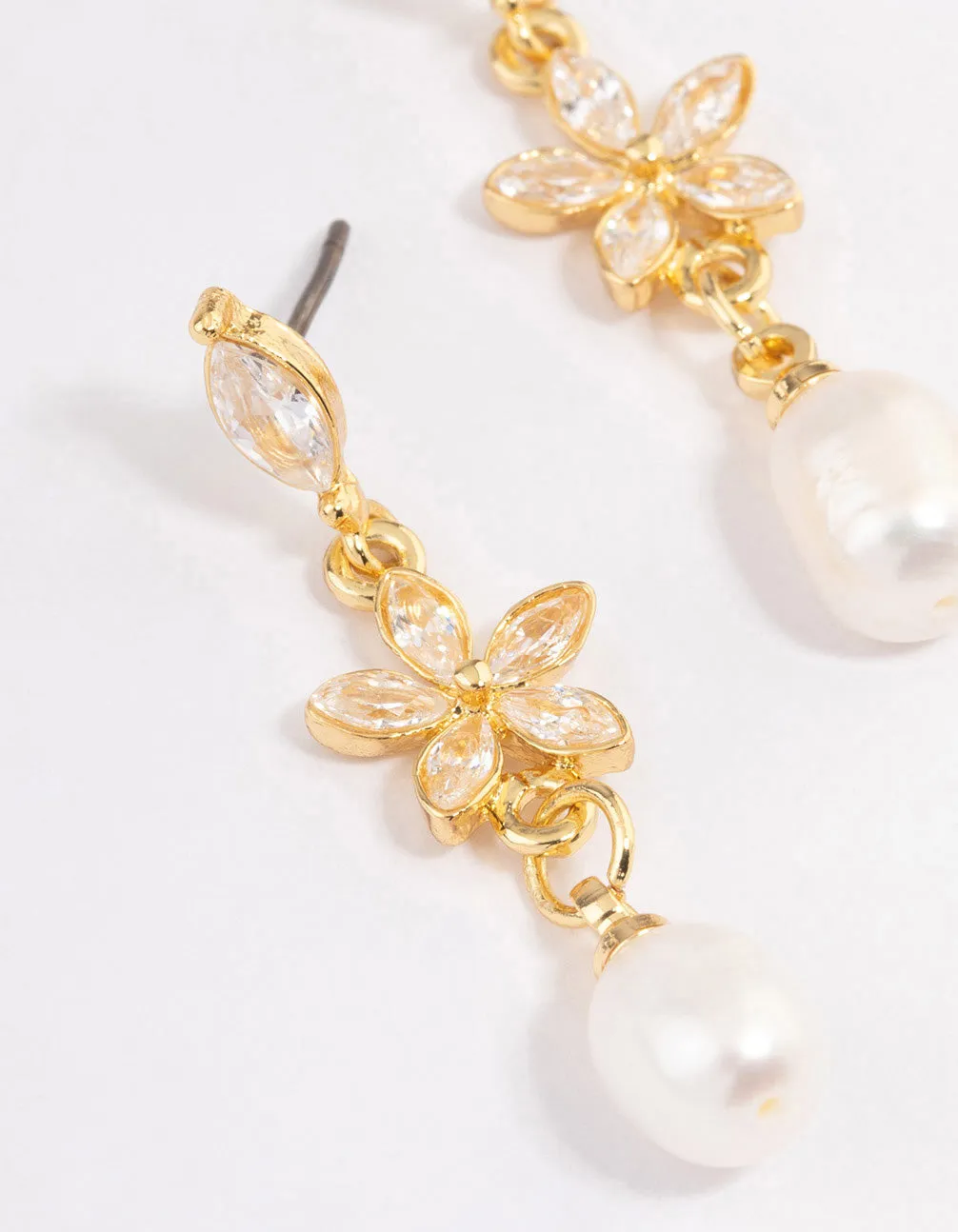 Gold Plated Cubic Zirconia Flower Freshwater Pearl Earrings