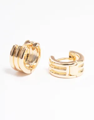 Gold Three Line Detail Huggie Earrings