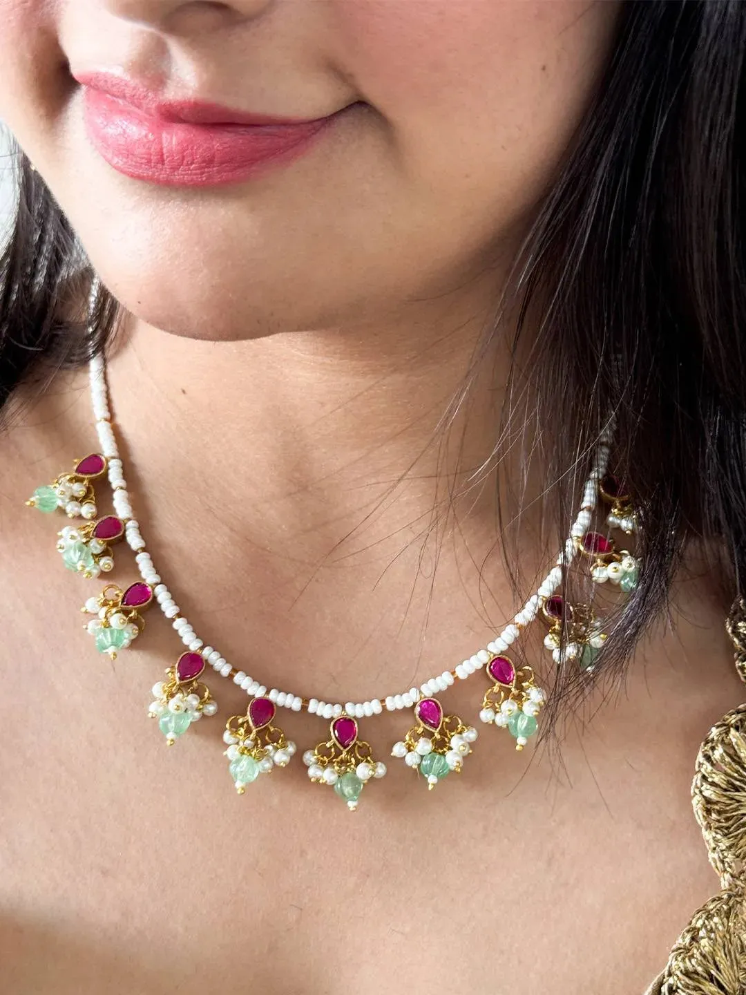 Gold Tone Pink Green Pearl Beaded Kundan Jadau Necklace Set