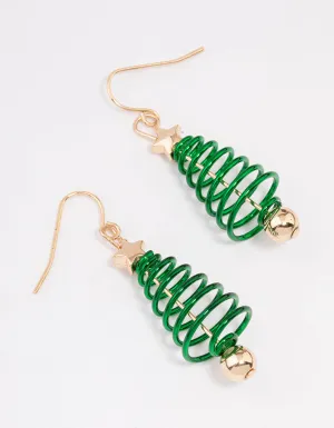 Green Spiral Christmas Tree Earrings