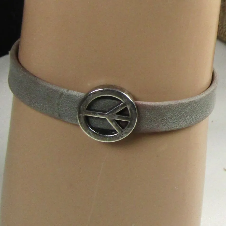 Grey Leather Bracelet with Peace Symbol for a Man