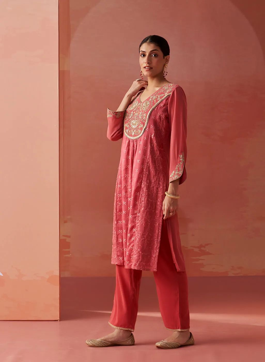 Imara Pink Embroidered Georgette Kurta Set for Women