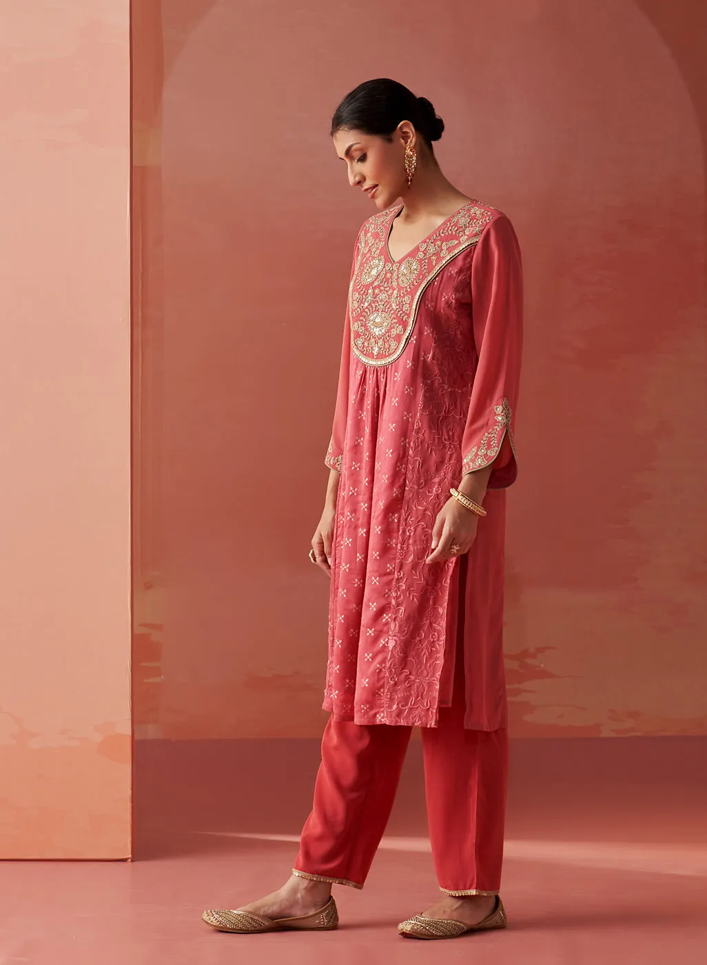 Imara Pink Embroidered Georgette Kurta Set for Women