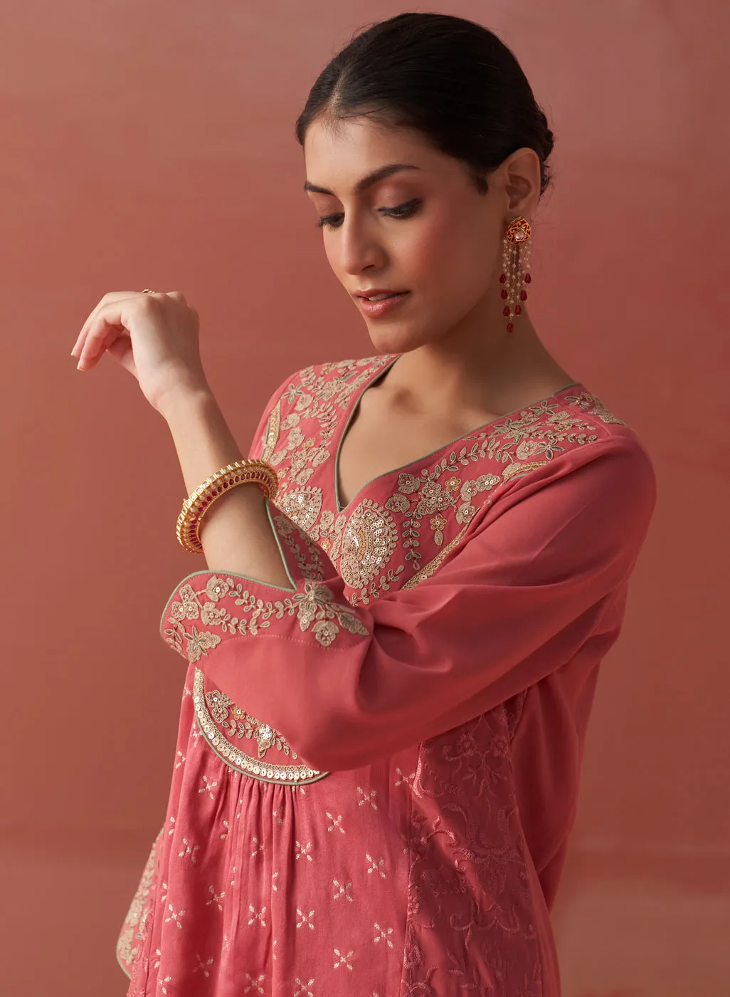 Imara Pink Embroidered Georgette Kurta Set for Women