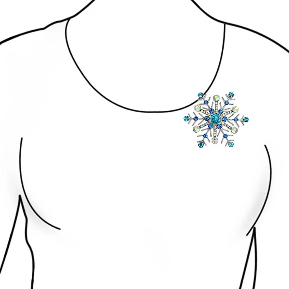 Large Multi Ice Blue Snowflake Brooche Pin Crystal Holiday Party Rhodium Plated