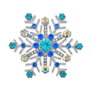 Large Multi Ice Blue Snowflake Brooche Pin Crystal Holiday Party Rhodium Plated