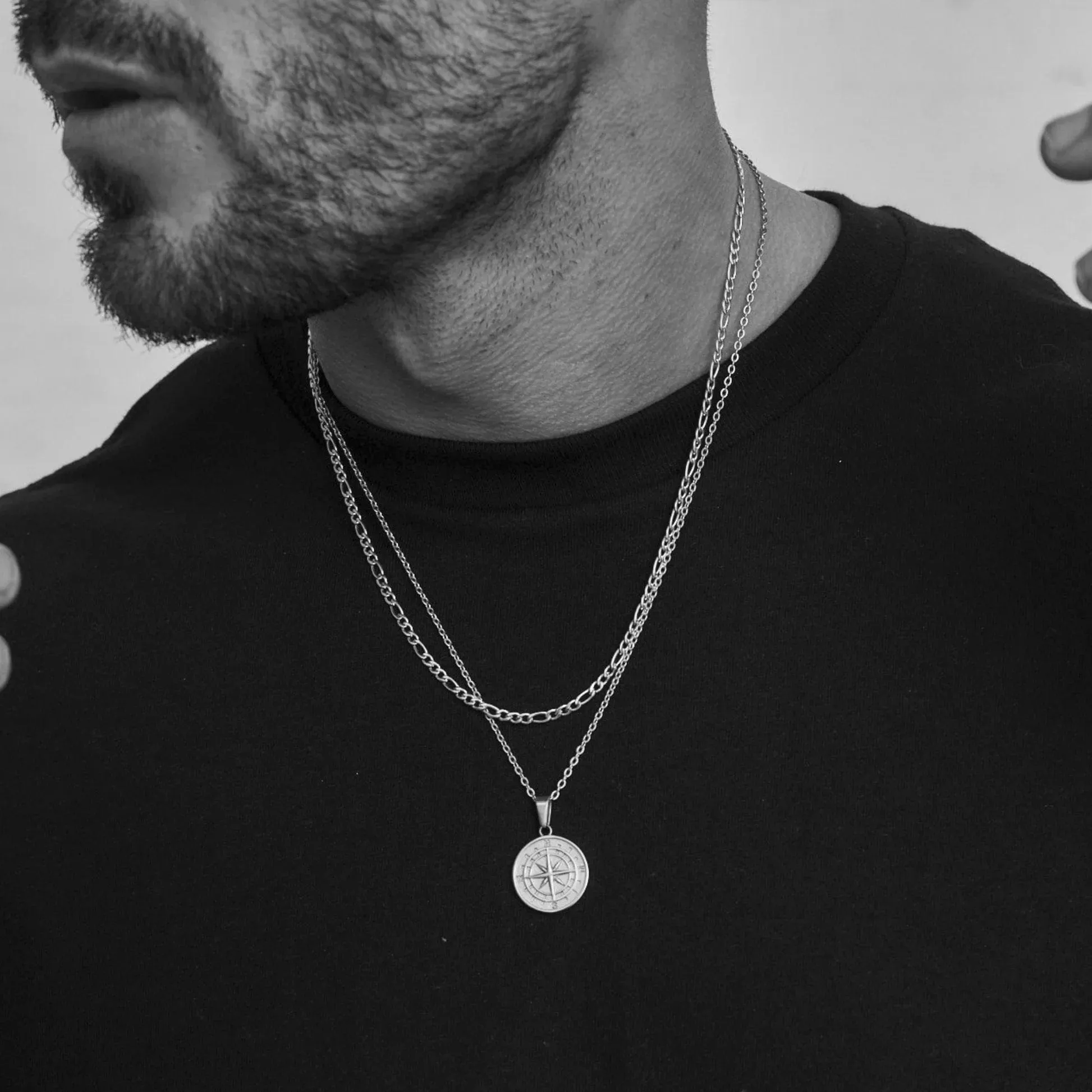 Layered Compass Pendant Necklaces for Men: Stainless Steel Cuban Figaro Wheat Chain, Casual Retro Collar