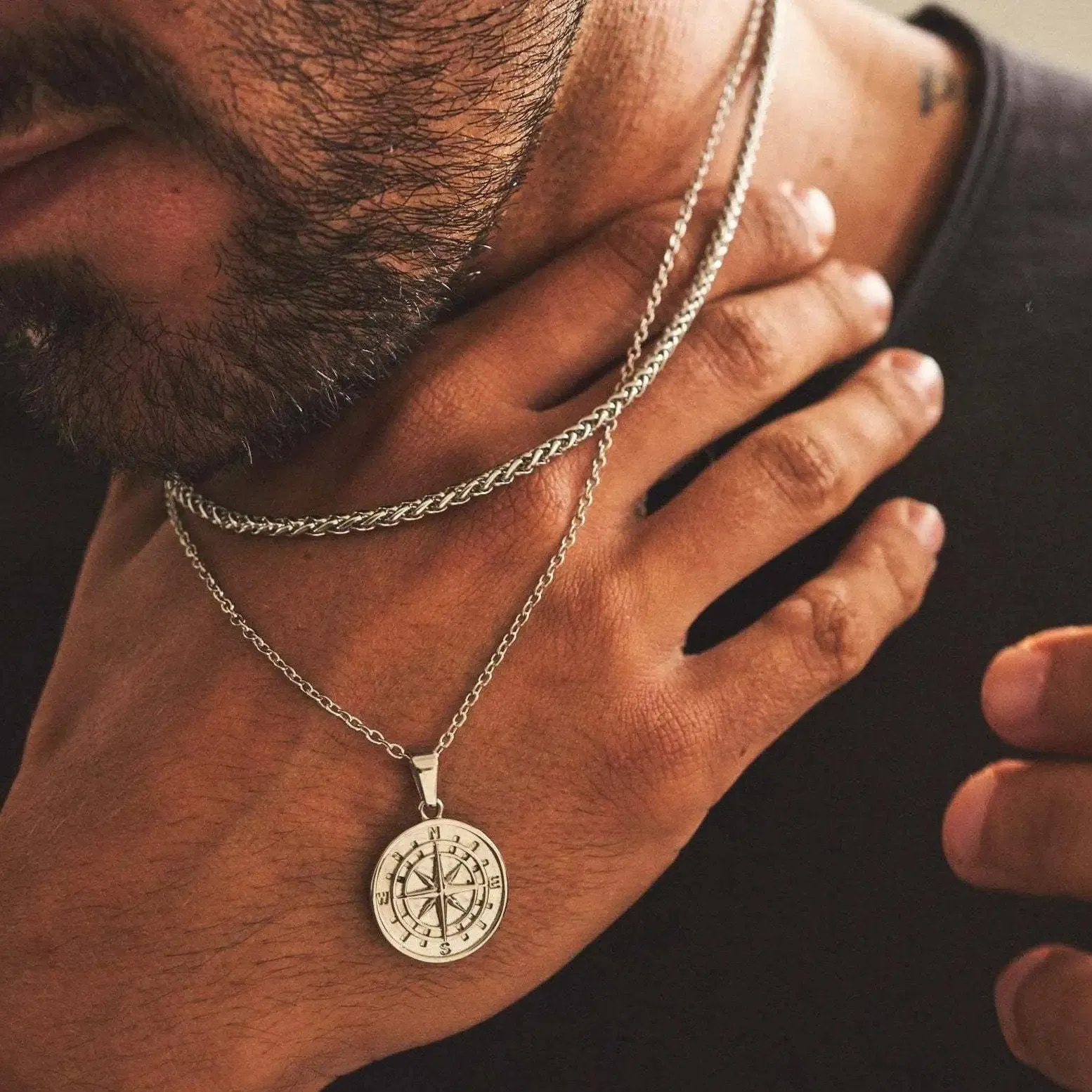 Layered Compass Pendant Necklaces for Men: Stainless Steel Cuban Figaro Wheat Chain, Casual Retro Collar