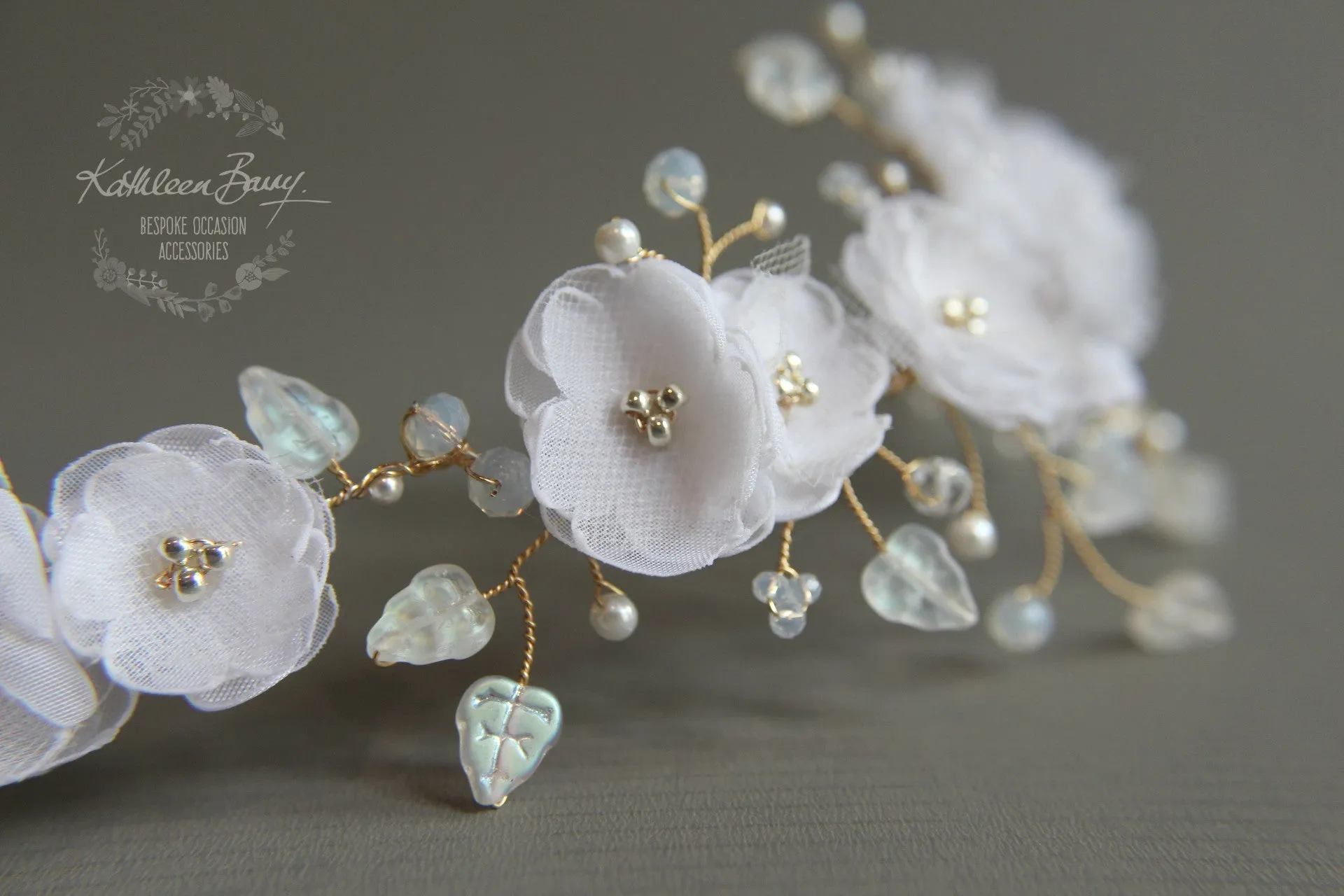 Lilly-Belle Aqua Gold white hair vine, blossom wedding bridal hair accessory wedding bride flower crown wreath - opalescent crystals - blue