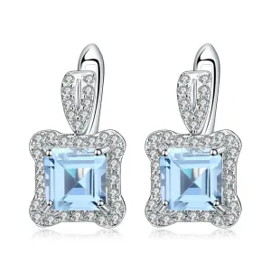 Luxurious Natural Topaz Soleste Halo Square Silver Studs Earrings for Women