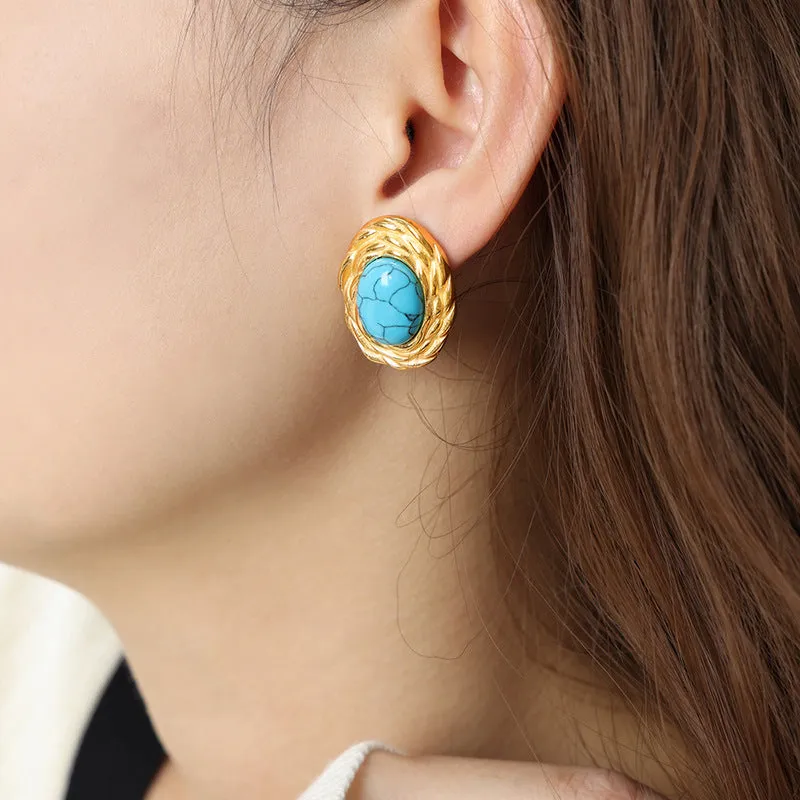 Luxurious Natural Turquoise Oval Earrings - Premium French Retro Style