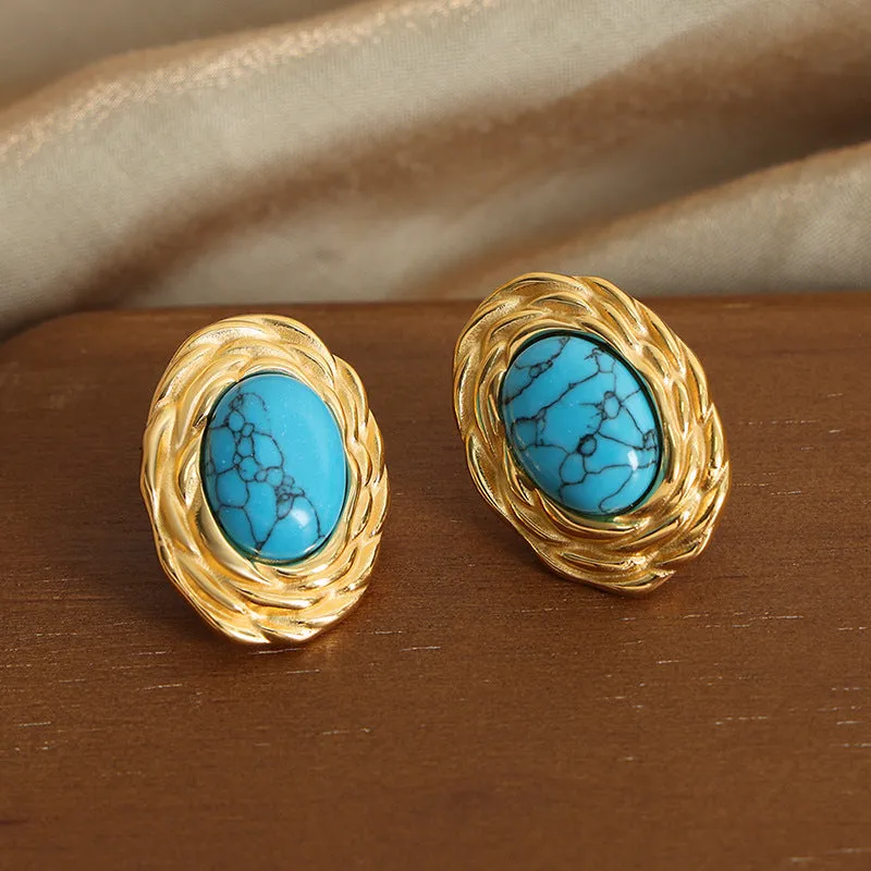 Luxurious Natural Turquoise Oval Earrings - Premium French Retro Style