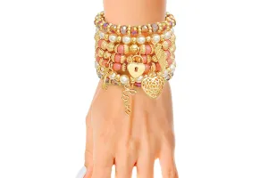 Mauve and Pearl Love Charm 5 Stacked Bracelets