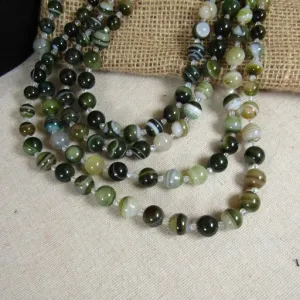 Multi-Strand Green Line Agate Beaded Necklace