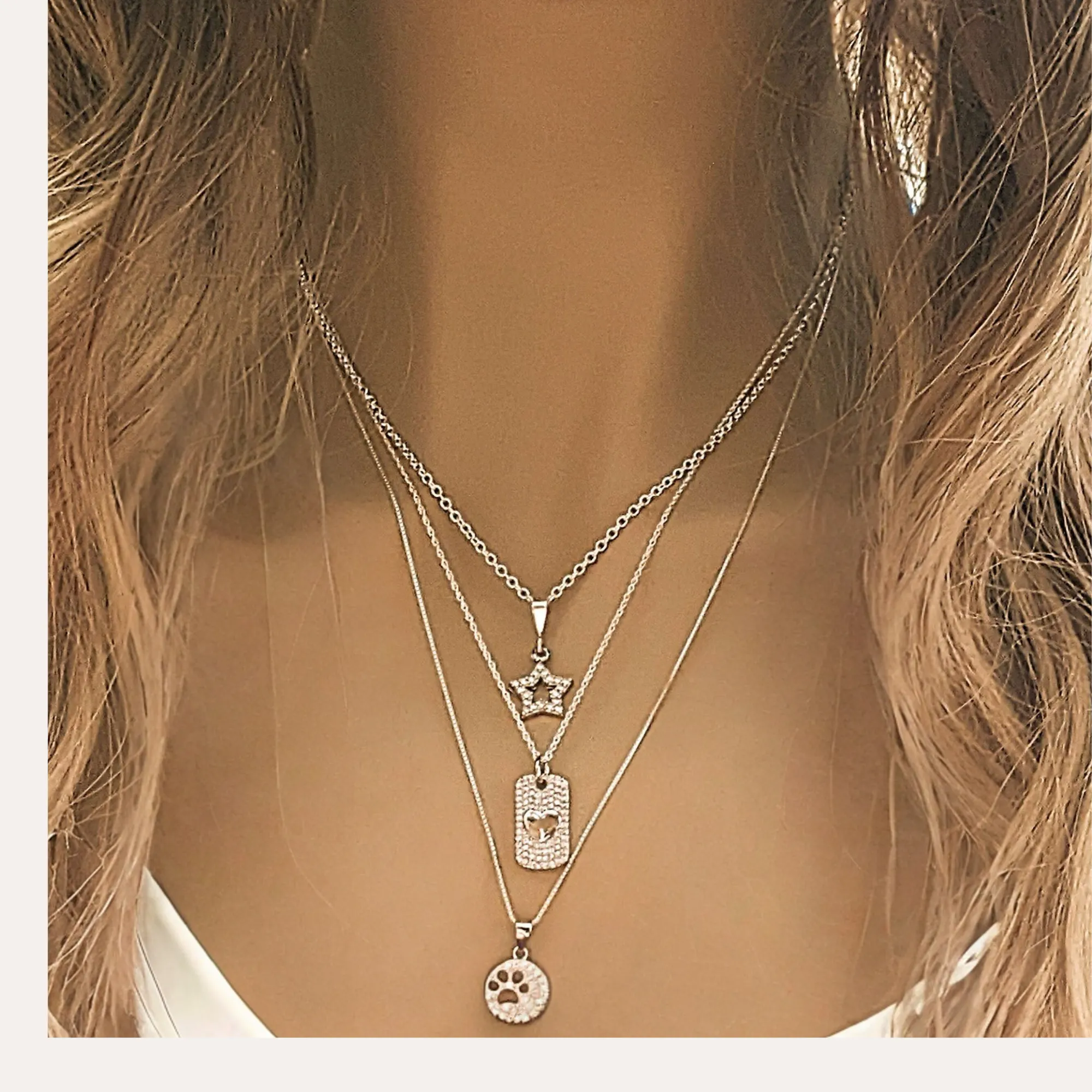 Paw Print on my Heart CZ Layered Necklace Set