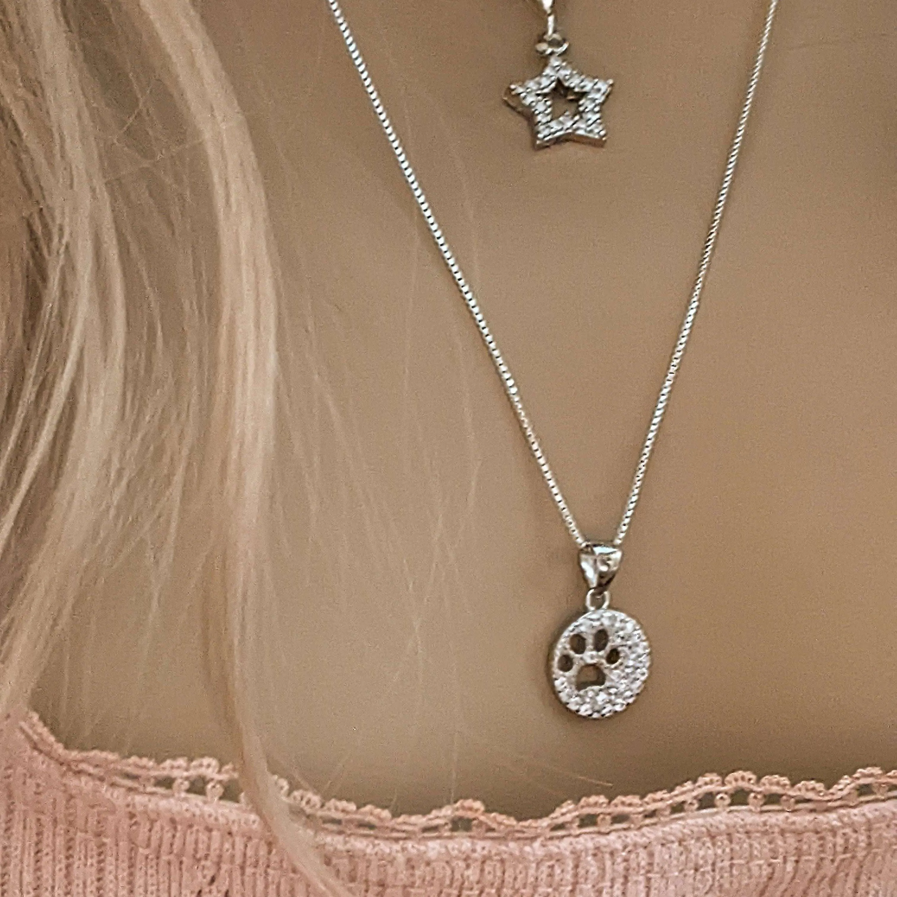 Paw Print on my Heart CZ Layered Necklace Set