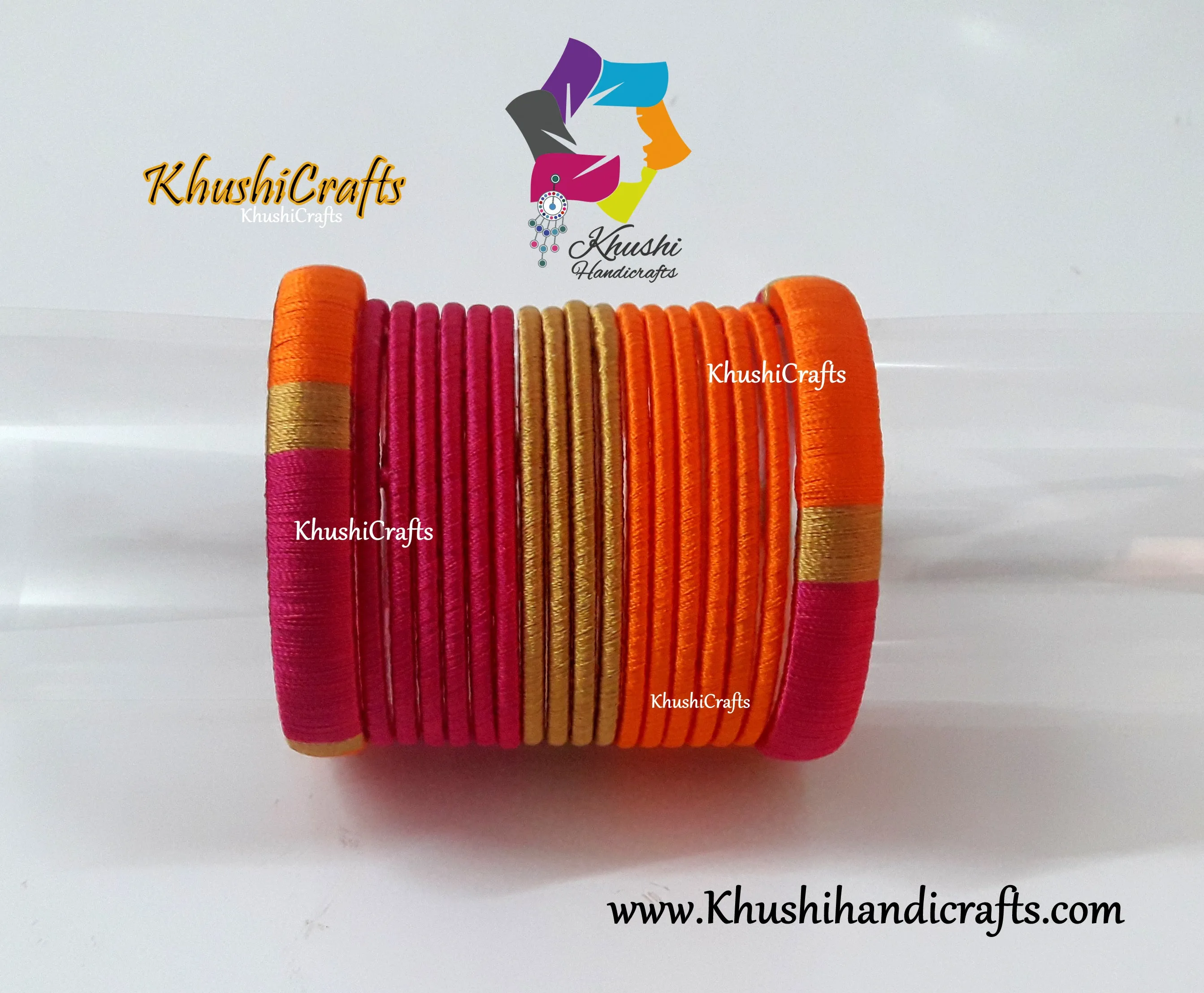 Pink ,Orange and Gold shaded Silk thread Designer Bangles