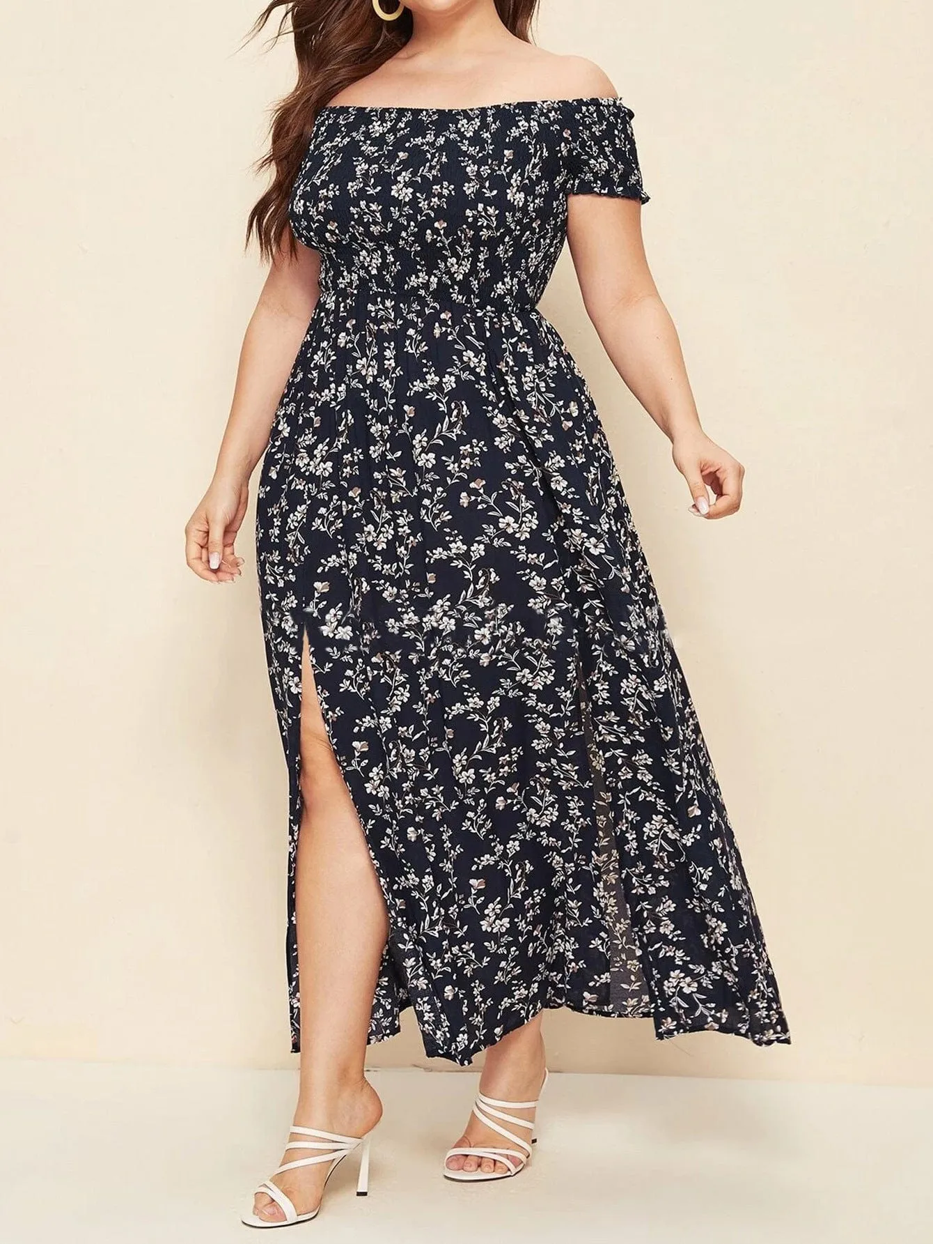 Plus Size Off Shoulder Floral Maxi Dress