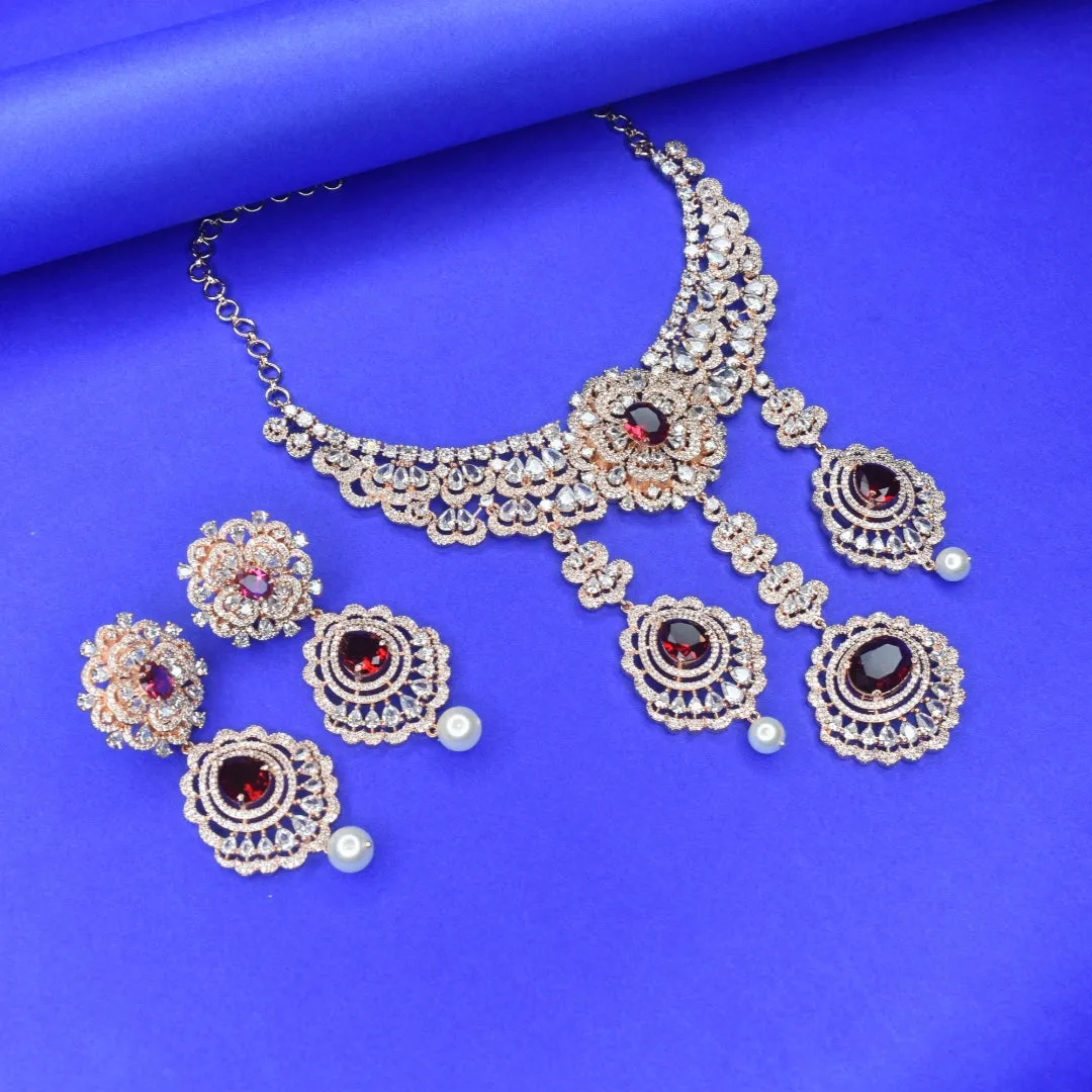 "Regal Elegance: The Luxurious Rose Gold American Diamond Necklace Set"