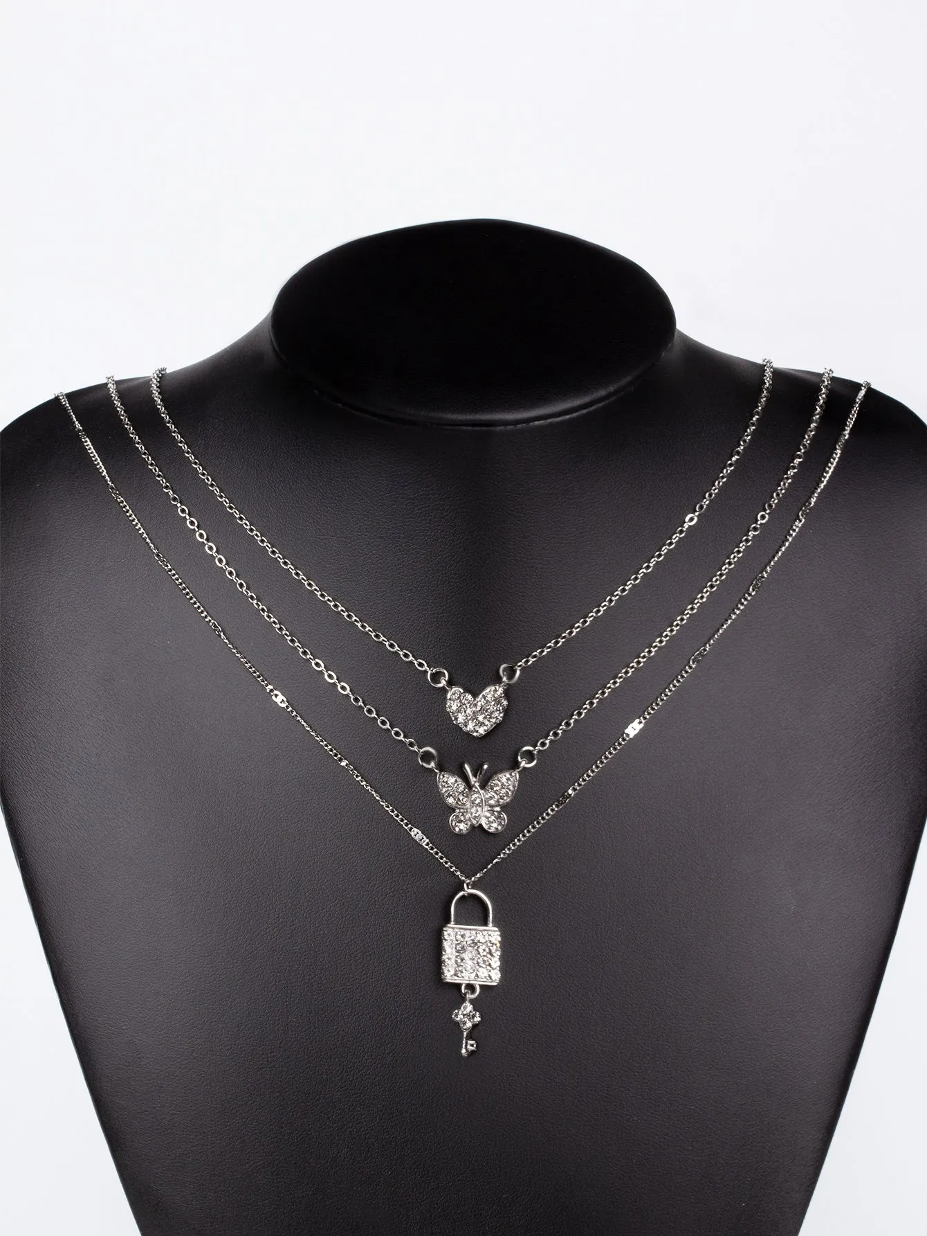 Rhinestone Lock Pendant Layered Necklace