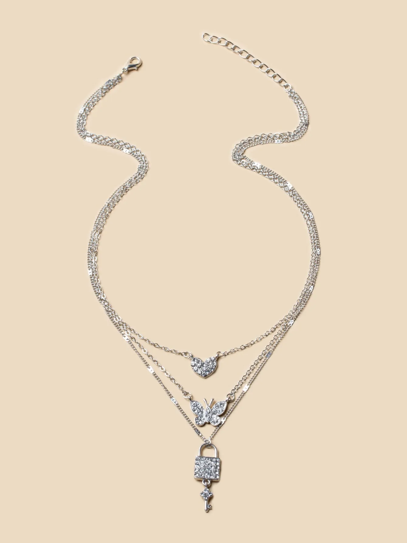 Rhinestone Lock Pendant Layered Necklace