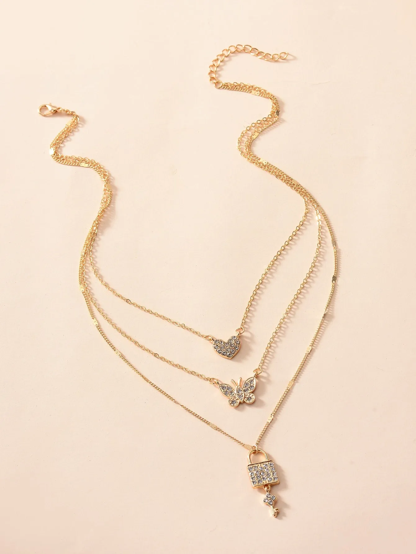 Rhinestone Lock Pendant Layered Necklace