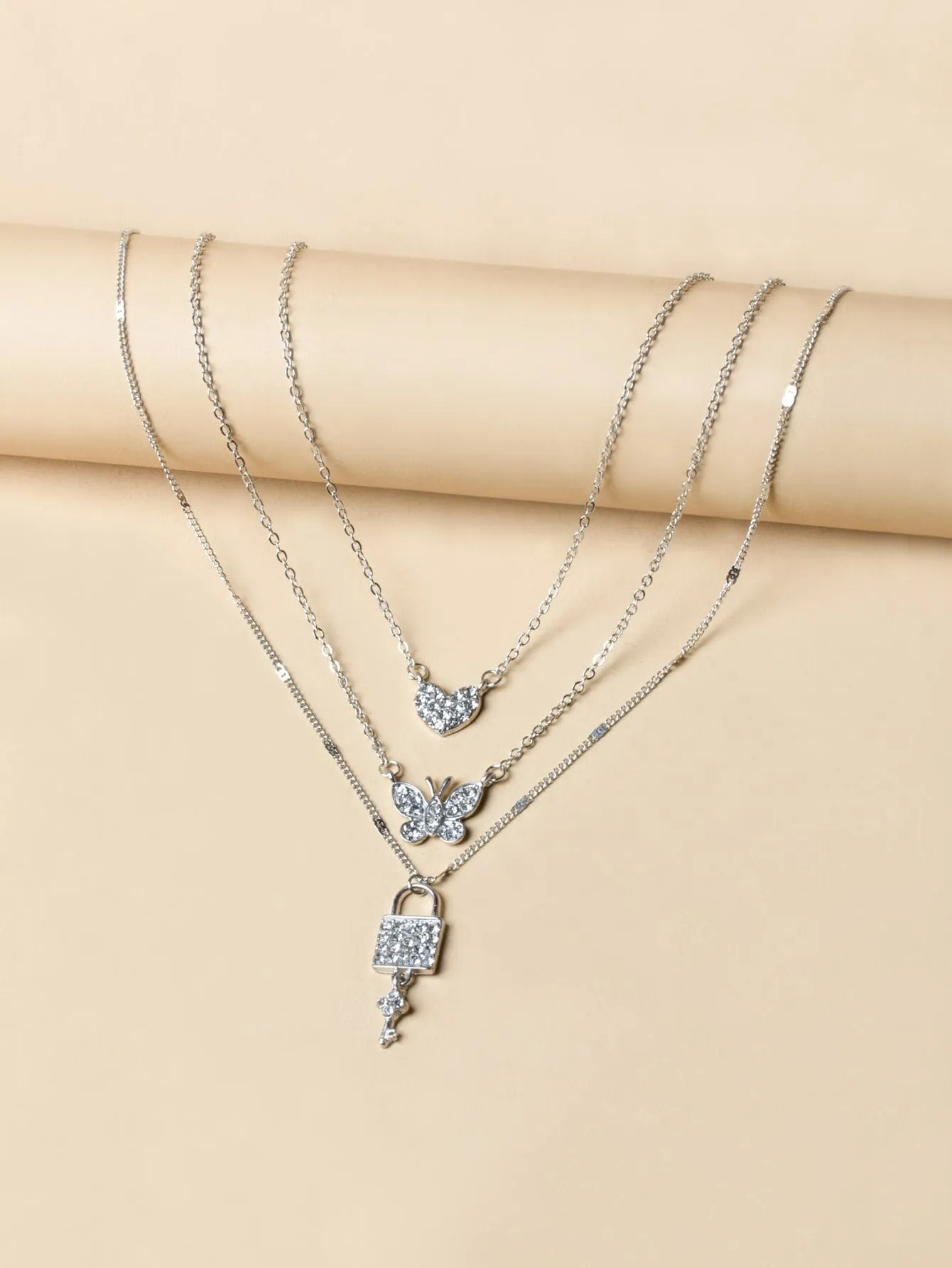 Rhinestone Lock Pendant Layered Necklace