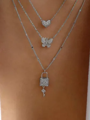 Rhinestone Lock Pendant Layered Necklace