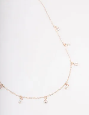 Rose Gold Diamante & Pearl Drop Station Necklace